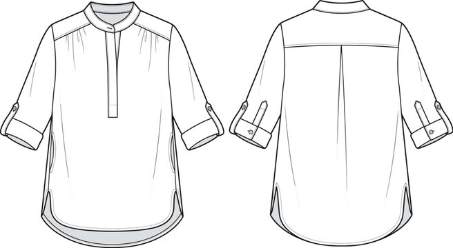 Women's popover tunic shirt technical flat sketch vector template with roll-up sleeves front and back view