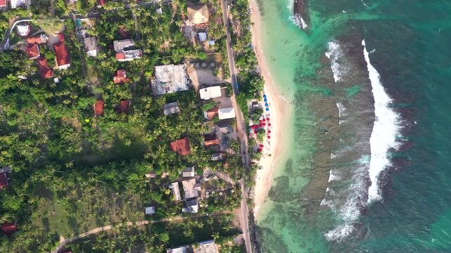 Aerial Coastal Landscape of Beach, Ocean and Tropical Village, Sri Lanka