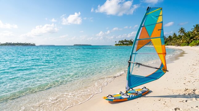 Colorful windsurf board on a tropical white sand beach with turquoise ocean and distant islands under a blue sky.