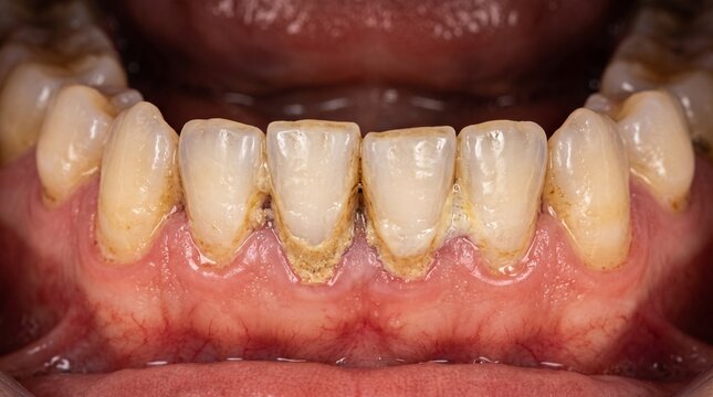 Close-up view of lower front teeth showing significant plaque and tartar buildup with discolored enamel and inflamed gums.