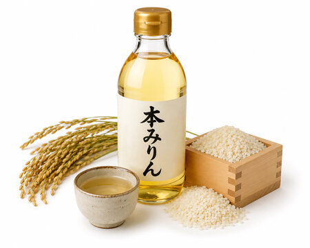 本みりんの瓶と升に入った米に稲穂を添えた和食の照りやコクを出す伝統的な調味料素材 generative ai