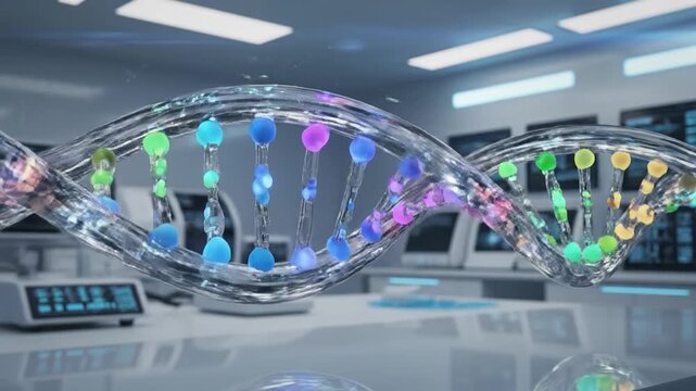 Digital DNA double helix with glass material rotating in a high tech genetic engineering lab