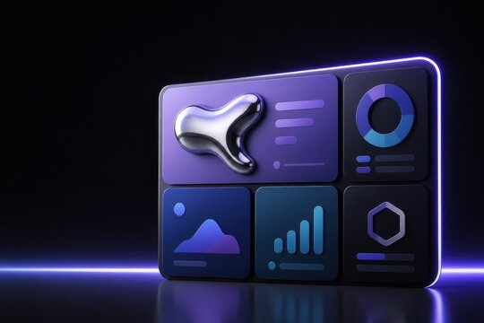 Futuristic analytics dashboard with neon purple charts and 3D interface panels