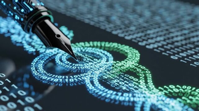 Digital fountain pen writing binary code dna helix on a dark screen with glowing smart technology
