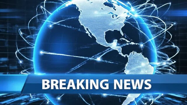 Digital globe spinning with global network lines and breaking news text for broadcast media