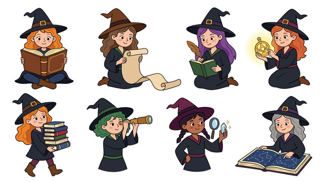 Collection of cute young witches studying magic with books scrolls and mystical tools