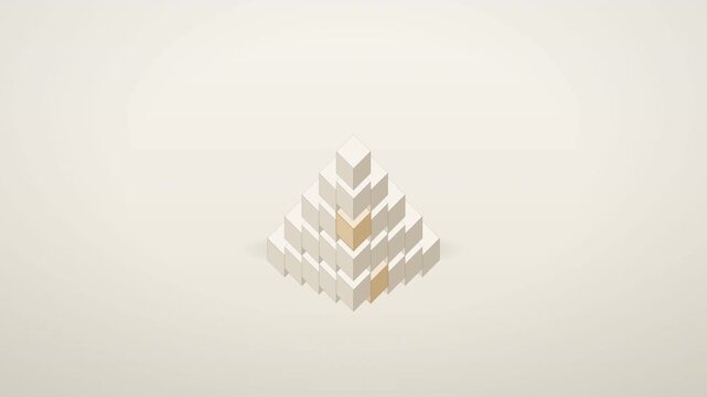 Abstract motion graphics animation of white and beige 3D cubes assembling into a pyramid shape and floating apart on a light background.