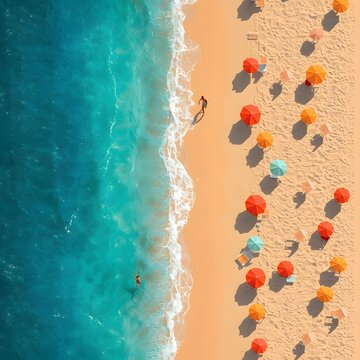 Aerial view of crowded beach with colorful umbrellas.