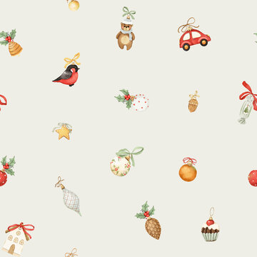Christmas seamless pattern with cute watercolor Christmas toys, holiday illustration of hand-drawn symbols for textile, repeat background or wrapping paper, colorful minimalist print.
