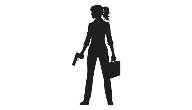 Detective woman silhouette holding gun and briefcase case file