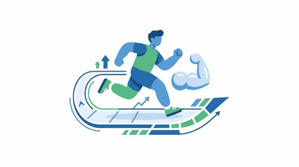 Fototapeta premium Man running on treadmill with muscle arm and upward arrows icon