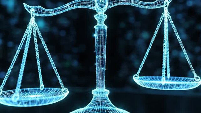 Digital holographic scales of justice balancing and rotating against a dark tech background