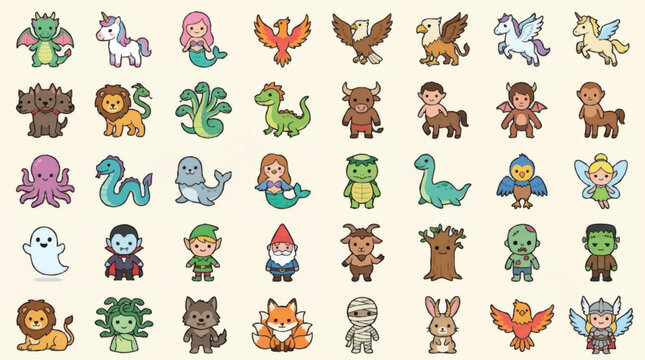Collection of various cartoon fantasy creatures.