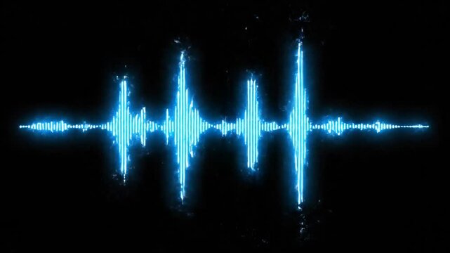 A glowing blue digital audio waveform on a black background