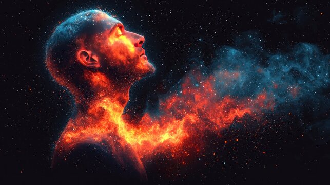 Cosmic figure with glowing colors and particles