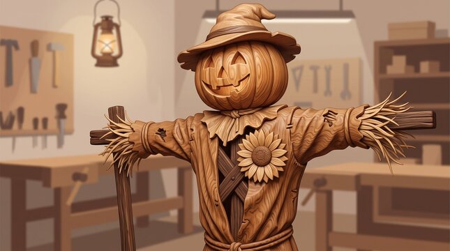 Wood Carved Scarecrow Vector SVG | Wooden Pumpkin Head & Sunflower Character | Rustic Halloween Illustration