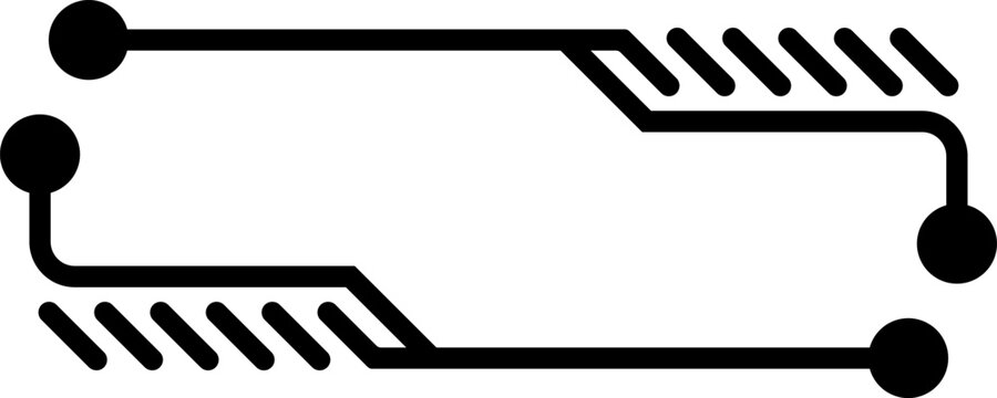 Black and white digital circuit board frame, minimalist electronic pathway border with circular nodes and parallel diagonal line segments