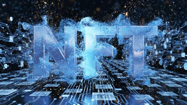 Digital non-fungible token text forming from sparkling blue particles over a blockchain circuit