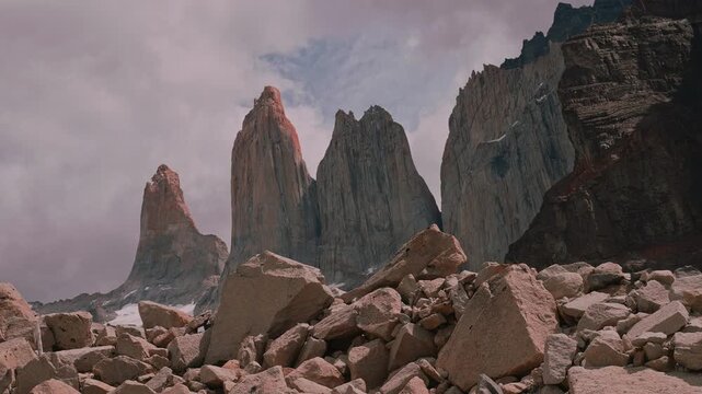Slow reveal of the Torres del Paine granite towers in Patagonia, Chile