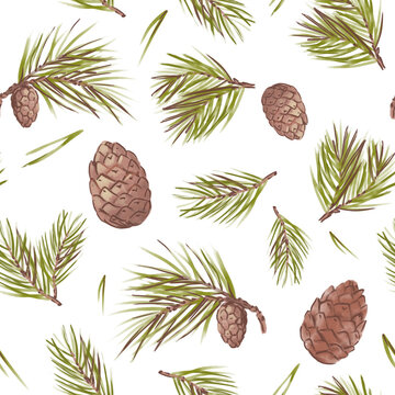 Pine cones, pine branches, spruce, seamless pattern, hand drawn.