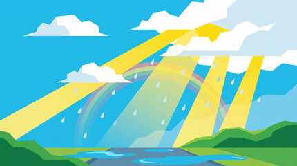 Obraz premium Sunny weather after rain, a rainbow appears with the sun's rays illuminating the scene, suggesting a hopeful and beautiful natural phenomenon