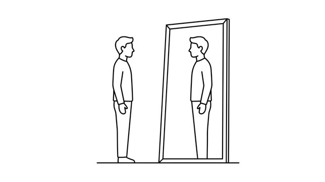 Man looking at his reflection in a mirror, self-reflection concept