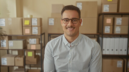 Fototapeta premium Man with mustache wearing glasses and striped shirt smiling and looking sideways at stacked shipping boxes and shelves in a building; ecommerce confidence.