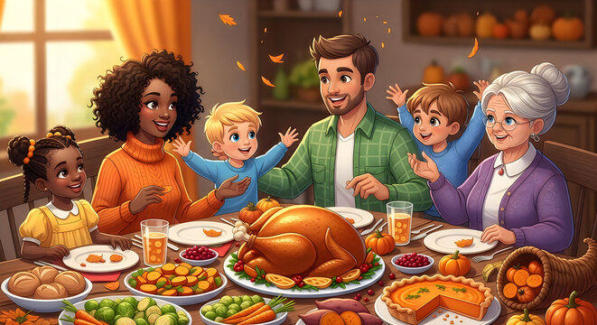 Multi-generational family celebrating Thanksgiving dinner together. Joyful relatives sharing a festive holiday meal with roasted turkey and autumn...