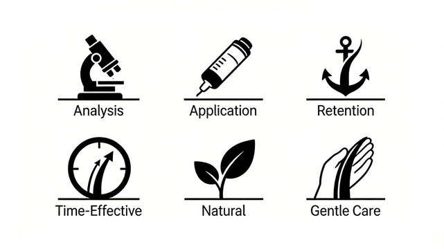 The black and white flat hair care technology icon represents the concepts of scalp detection and maintenance, natural plant extracts, and gentle and long-lasting hair care.
