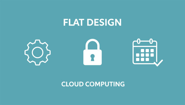 Set of cloud computing flat design icons featuring settings gear, security padlock, and task calendar on blue backdrop.