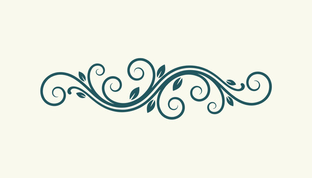 Elegant green curly scroll ornamental border with leaves in classic vintage style isolated on a plain beige background.