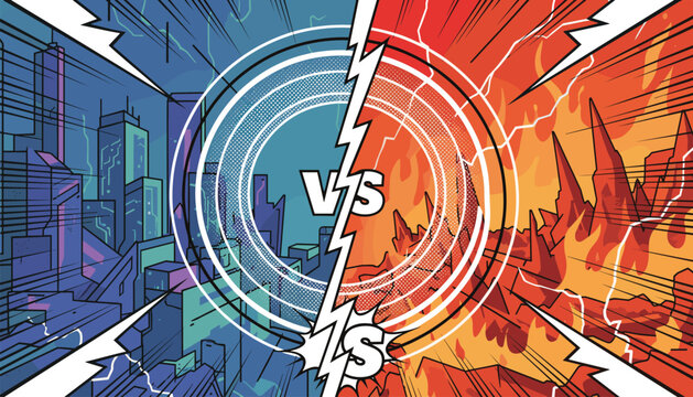 Versus comic style split background comparing a cool blue futuristic sci-fi city with a hot fiery volcanic red landscape.
