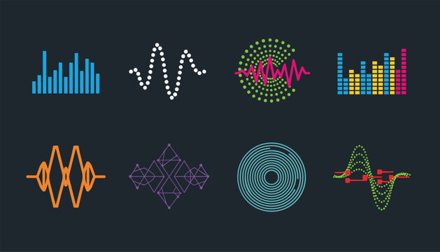 Set of eight colorful digital sound wave vector designs representing audio signal equalizers on black backdrop.