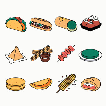 Set of twelve vector icons representing diverse international street food delicacies featuring savory snacks and sweet treats in a clean minimalist graphic art style