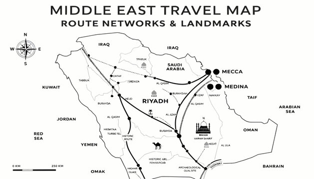 Saudi Arabia Travel and Route Map with Landmarks and Networks
