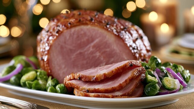 Honey glazed sliced ham on serving plate
