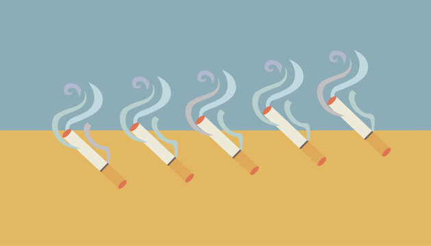 Row of five burning cigarettes with smoke plumes on a split background of blue and sand yellow colors.