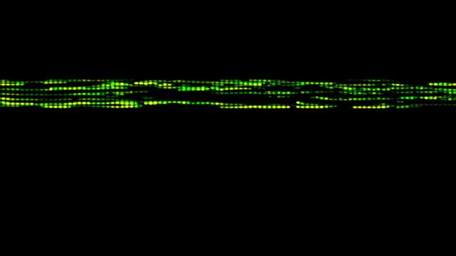 Glowing green digital glitch lines flashing on a dark background. Retro VHS video tracking distortion with neon static noise effect. Futuristic cyberpunk data corruption abstract tech screen overlays