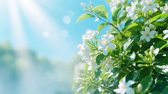 White jasmine blooming in spring sunlight