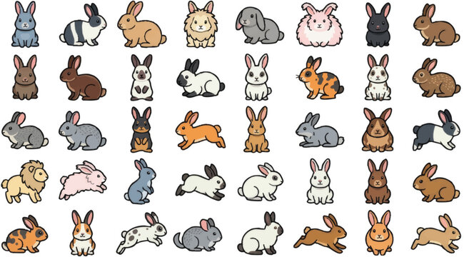 Colorful cartoon rabbits in various poses.