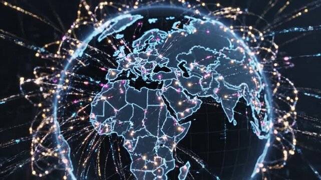 Digital world globe with glowing connection lines representing global trade and supply chain networks