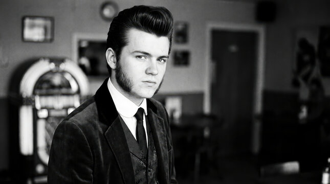 Cool young man with rockabilly haircut and sideburns