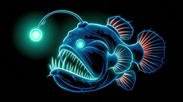 Anglerfish glows in the dark deep sea. It has a bright lure on its forehead and sharp teeth outlined in neon colors.