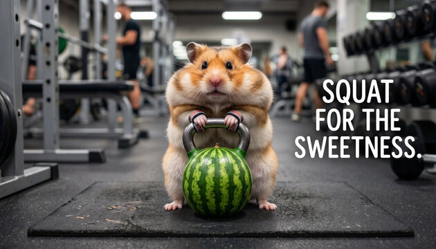 Plump hamster squats with a watermelon kettlebell in a gym while others work out in the background