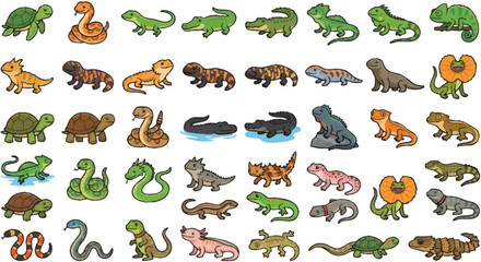Colorful cartoon dinosaurs and reptiles. © Wawan