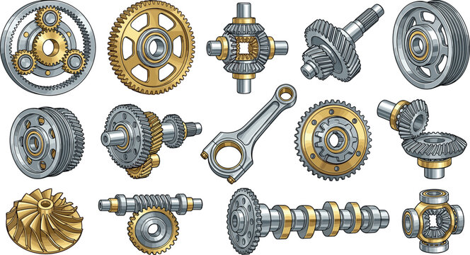 Mechanical Gears and Automotive Engineering Vector Set with Industrial Machinery Parts, Transmission Systems, Cogwheels, and Technical Engine Components for Blueprint Designs