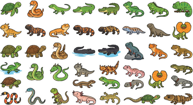 Colorful cartoon dinosaurs and reptiles.