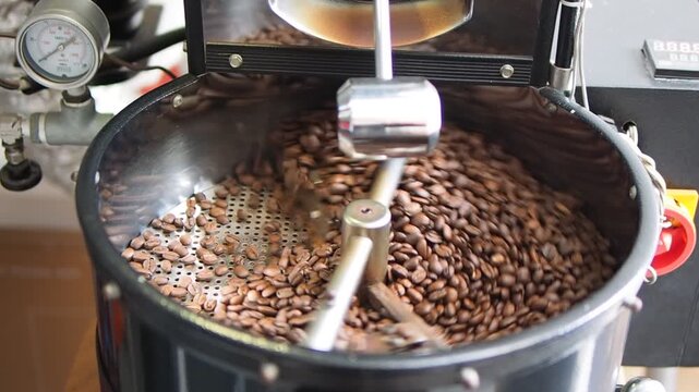 Freshly roasted coffee beans just being dumped from a drum coffee roasting machine into the cooling tray, being cooled until cool enough to be transfered into storage bin