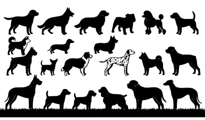 Diverse Dog Breed Black Silhouette Collection Standing on Grass Vector Illustration © Lipon