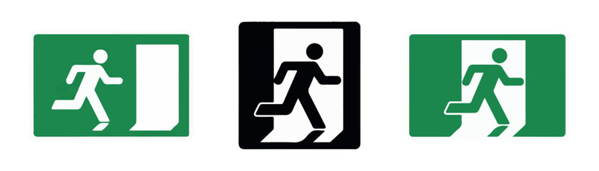 Emergency fire exit signs with running human silhouette for building safety and evacuation instructions. © Sen